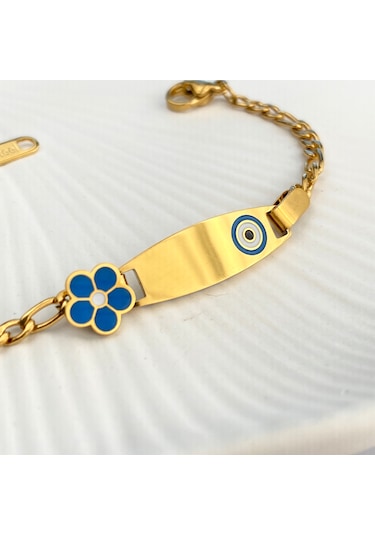 Bebek Bileklik Bebek Hediyelik Künye Mavi Çiçek 316l Paslanmaz Çe Gold