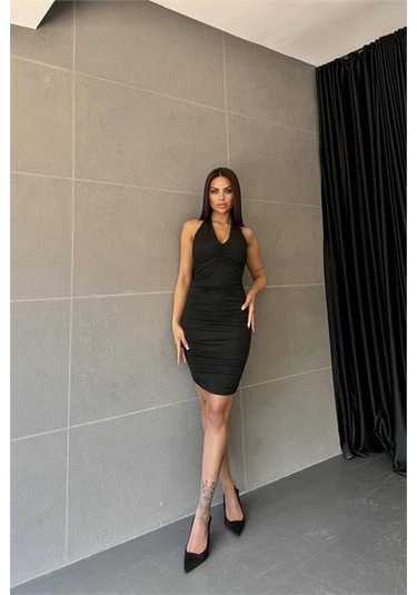 Dip Moda Kadın Boyundan Bağlama Detaylı Mini Elbise Dpnbdf033 Siyah