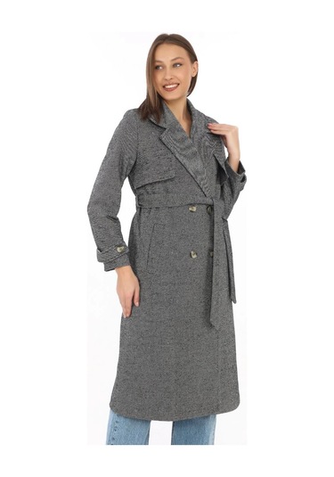 Kadın Balık Sırtı Kaşmir Uzun Kaşe Kaban - Füme Füme