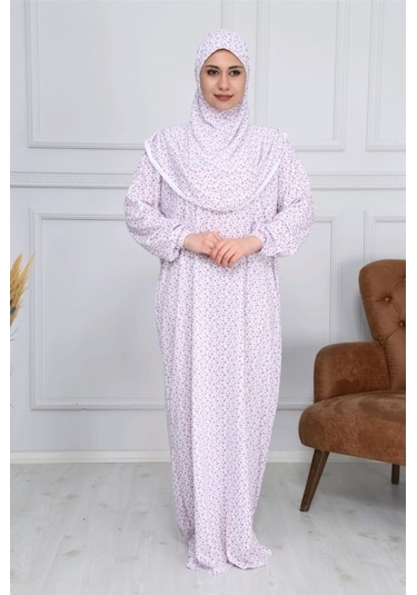 Pamuk Başörtülü Pratik Namaz Elbisesi Beyaz