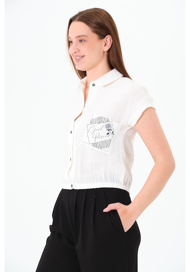 Sortie Collection Müslin Cep Baskılı Cepli Gömlek Ekru