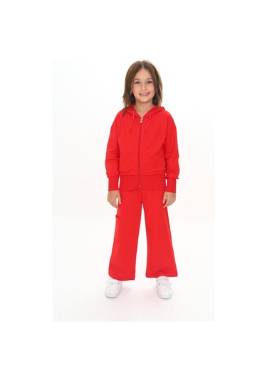 Toontoy Kız Çocuk Kapüşonlu Fermuarlı Fırfır Detaylı Eşofman Takım Kırmızı