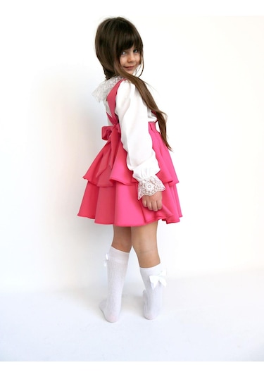 Kız Çocuk Helen Pembe Askılı Kat Kat Bağlama Jile Elbise Dantel Detay Ekru Uzun Kollu Bluz Takım