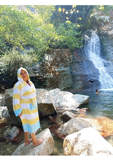 Çanta Olabilen %100 Pamuk Standart Beden Plaj Banyo Bornoz Sarı