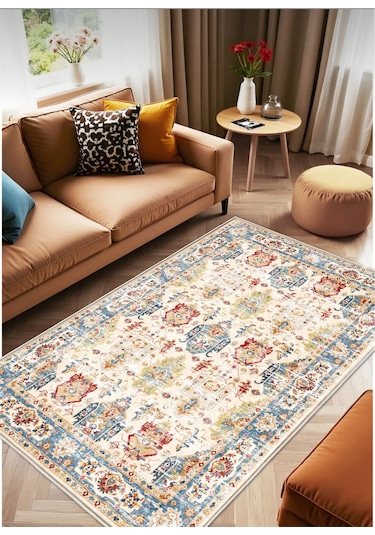 Retro Vintage Dijital Baskı Salon Halısı Kaymaz Tabanlı Yıkanabilir Halı Yolluk 526 Krem