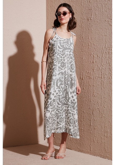 Lela Regular Fit Ip Askılı Uzun Bayan Elbise 5865732 Ekru-Olive