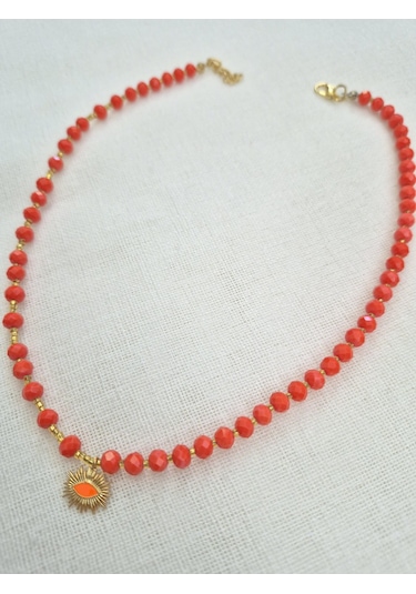 Koyu Turuncu Kristal Cam Boncuklu Bayan Kolye