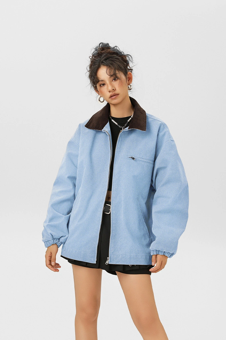 Snapbuy Yıkanmış Denim Ceket, Amerikan Retro Stili, Kontrast Yakalı, Bol Kesim Buz Mavi