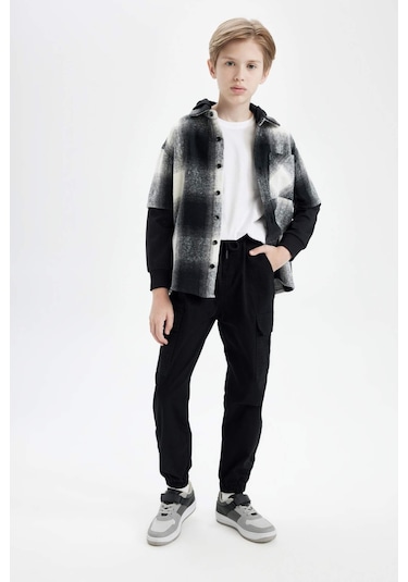 DeFacto Erkek Çocuk Kargo Cepli Beli Bağcıklı Lastikli Paça Cepli Siyah Jogger Gabardin Pantolon A9393A824AUBK81 Siyah