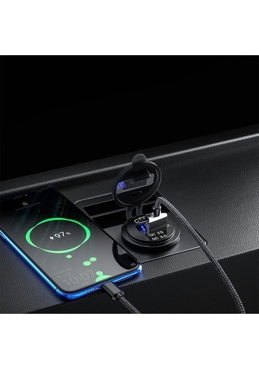 Honmex Araç Telefon Şarj Cihazı Pd+qc3.0, Voltaj Göstergeli, Anahtarlı, Mavi Işık, 60cm Kablolu Tek Qc3.0+pd