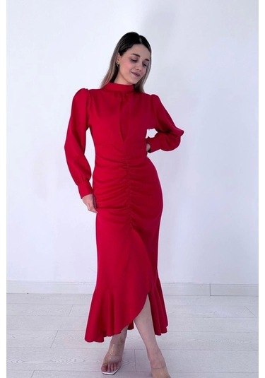 Kırmızı Volanlı Uzun Kol Elbise Kırmızı