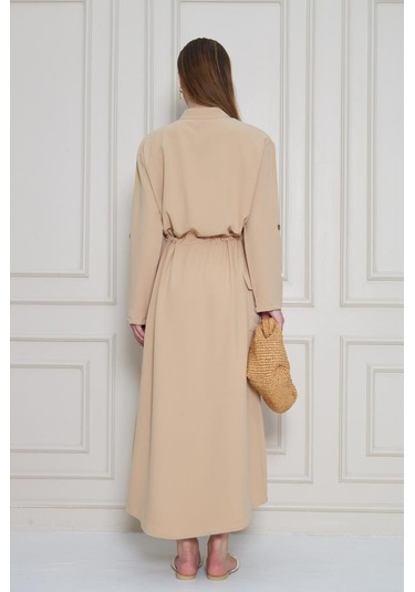 Kadın Yeni Sezon Krep Cepli Uzun Katlanabilir Kollu Büzgülü Elbise Yazlık Günlük Giyçık Bej