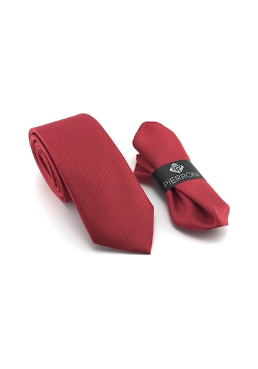 Pierroni Kırmızı Oxford Desen Mendilli Kravat Kırmızı
