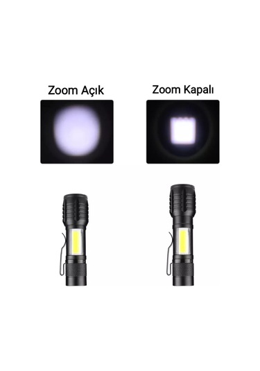 Çift Aydınlatmalı Güçlü Mini Boy Usb Şarjlı El Feneri 2000 Lümen Siyah