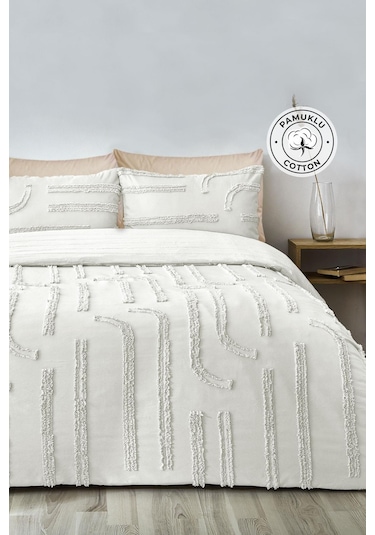 Pamuklu Sasha Kabartmalı Yatak Örtüsü Takımı Günlük Çift Kişilik Boho 3 Parça Elyaf Dolgulu Krem