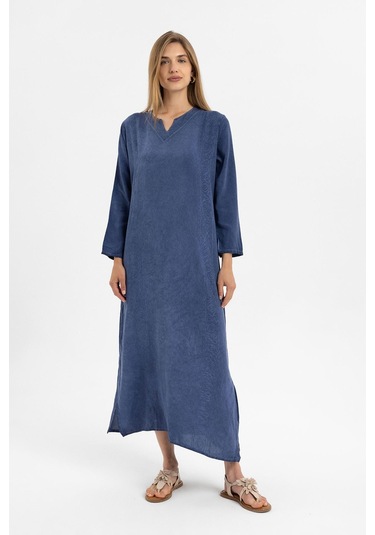 Mavi İşlemeli Uzun Kollu Astarsız Pamuklu Uzun Elbise-mavi