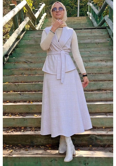 Azize Etek Yelek Takım Ekru Çok Renkli