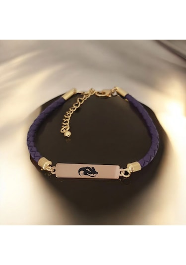 Archin Yılan Temalı Mor Derili 14 Ayar Altın Plakalı Dikdörtgen Motifli Hediye Bileklik-412sembol Yılan