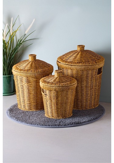 Bansko 3'lü Kahverengi Patates Soğan Sarımsak Sepeti Acıkkahverengı Hasır Kahve