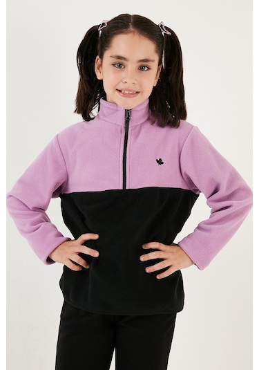Lela Yumuşak Dokulu Yarım Fermuarlı Renk Bloklu Dik Yaka Unisex Çocuk Polar 5905004 Lila-Siyah