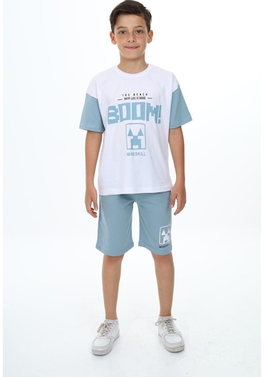 Erkek Çocuk Boom Baskılı Kısa Kollu Şortlu Takım-5906-Mavi