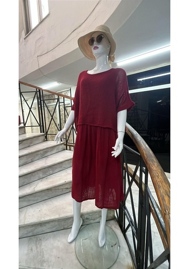 İtalyan Müslin Keteni Üstü File Bluzlu Astarlı Tek Parça Elbise-9256 Bordo
