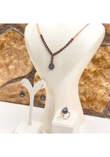 Elmas Montür Rosegold Damla Gümüş Set Takım - Lvrset11 Rose Gold