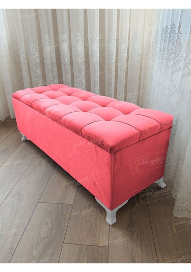 Çizgi Kapitoneli Sandıklı Puf 100 Cm Beyaz Ayak Pembe