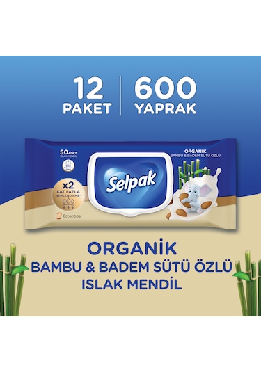 Selpak Organik Bambu Özlü & Badem Sütü Özlü Islak Mendil 12'li