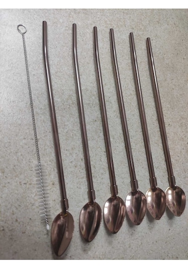 6'lı Paslanmaz Krom Pipetli Kokteyl Bar Kaşığı Ve Temizleme Fırçası, Pipetli Latte Kaşığı 22 Cm - Bronzkahve