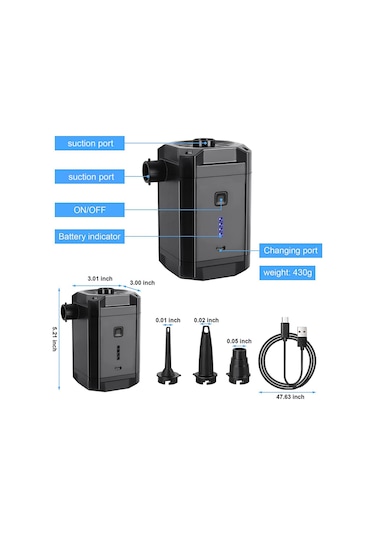 Ximistore9 Siyah Taşınabilir Elektrikli Havalandırıcı, 280l/dk Akış Hızı, 5000mah Pil, 3 Uç, Doldurma/boşaltma, Pil Göstergesi Abs Malzeme