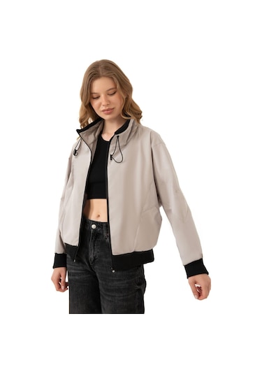 Spor Kadın Dik Yaka Su Ve Rüzgar Geçirmez Oversize Crop Mevsimlik Yağmurluk Rüzgarlık Taş