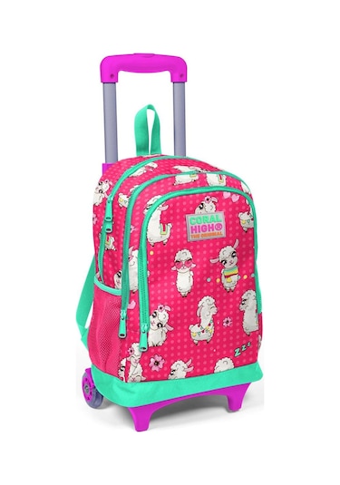 Coral High Kids Neon Mercan Su Yeşili Alpaka Desenli Çekçekli 3'lü Çanta Seti Set0123364