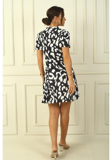 Önü Fermuarlı Leopar Desenli Pile Detay Krep Elbise-38545-siyah
