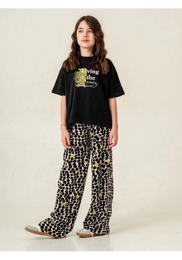 Kız Çocuk Pamuklu Desenli Pantolonlu Takım-15883 Siyah
