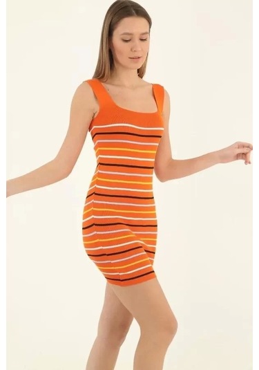 Kadın Kare Yaka Midi Boy Likralı Polelit Elbise - Turuncu Turuncu