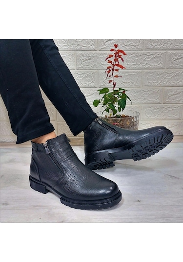 M.p 4204 Siyah Hakiki Deri Bağacaksız Fuspetli Sıcak Astar Erkek Bot 001