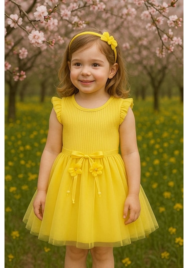 Kız Çocuk Sarı Doğum Günü Özel Gün Günlük Pamuklu Tül Prenses Elbise Sarı