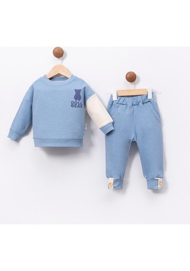 Ayıcık Baskılı Bisiklet Yaka Düğme Detaylı 2'li Bebek Takım Mavi