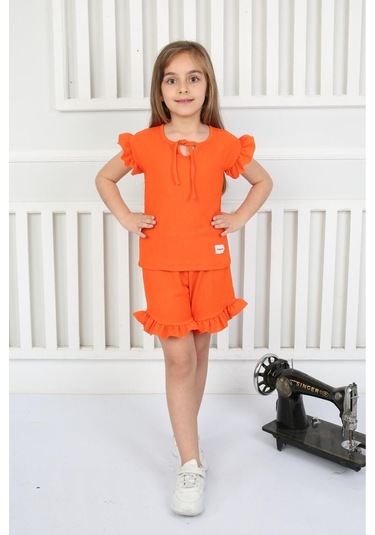 Fırfır Detaylı Şortlu Yazlık Kız Çocuk Takım Turuncu