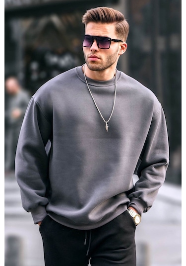 Madmext Füme Bisiklet Yaka Oversize Şardonlu Basic Erkek Sweatshirt 6048-füme Füme