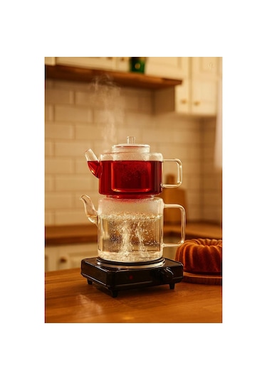 Bohem 1100 Ml + 2000 Ml Cam Süzgeçli Borosilikat Cam Demlik, Isıya Dayanıklı Cam Kapaklı, Çaydanlık Şeffaf