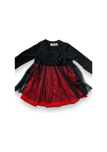 Çikoby Kız Bebek Gül Detaylı Kadife Taşlı Elbise-14901 Siyah