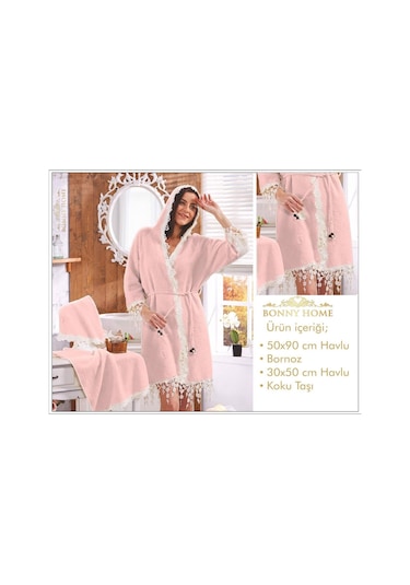Lorena Pudra Kadın Fransız Dantelli Balayı Çeyizlik Bornoz Set Pudra