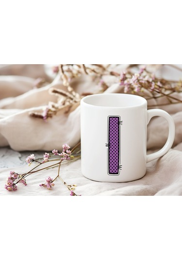 I Harfi Mor Puantiyeli Kupa Bardak - Polka Dot Tasarım Kahve Çay Bardak - Kişiye Özel Hediyelik Beyaz