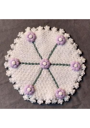 Uretti - Kenan 2196 - 0895 El Örgüsü Eflatun Çiçek Motifli Beyaz 3'lü Lif Seti