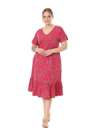 Melsay Butik Göğüsten Robalı V Yaka Kısa Kollu Pembe Çiçek Desenli Cepli Elbise Pembe