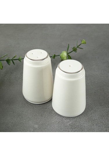 Gümüş Yaldızlı Porselen Tuzluk Biberlik Beyaz