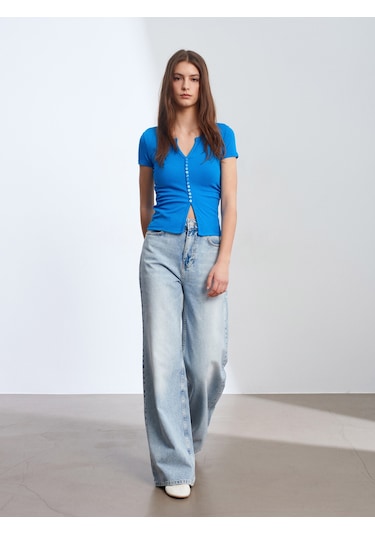 Dilvin 31838 Düğmeli Kısa Kollu Top-saks Saks