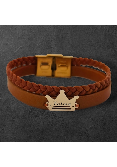 Archin Fatma İsmine Özel Kahverengi Derili Taç Motifli 14 Ayar Altın Plakalı Hediye Bileklik-467isim Fatma